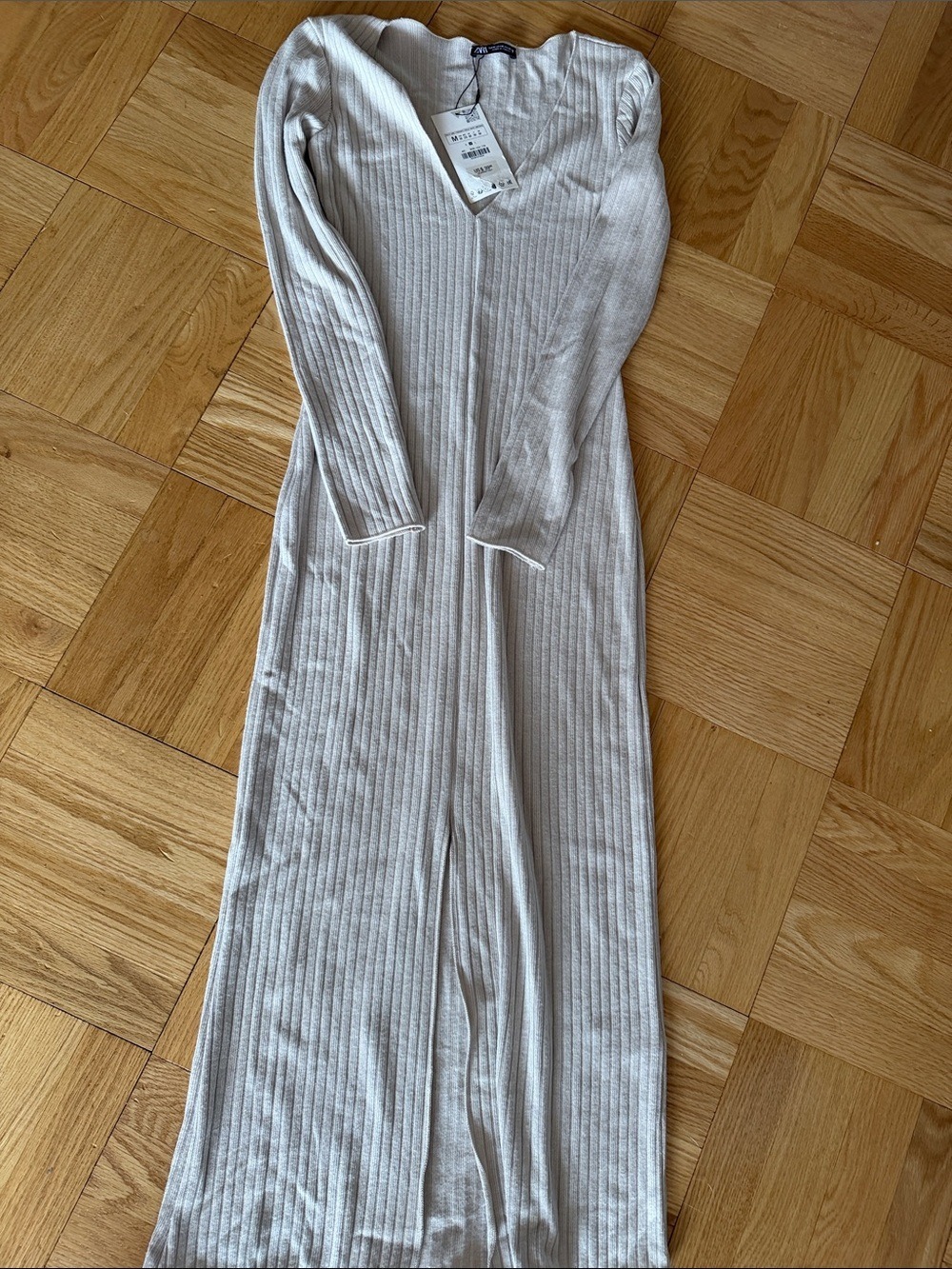Zara Ribbed Long Sleeve Maxi Dress Light Beige NWT